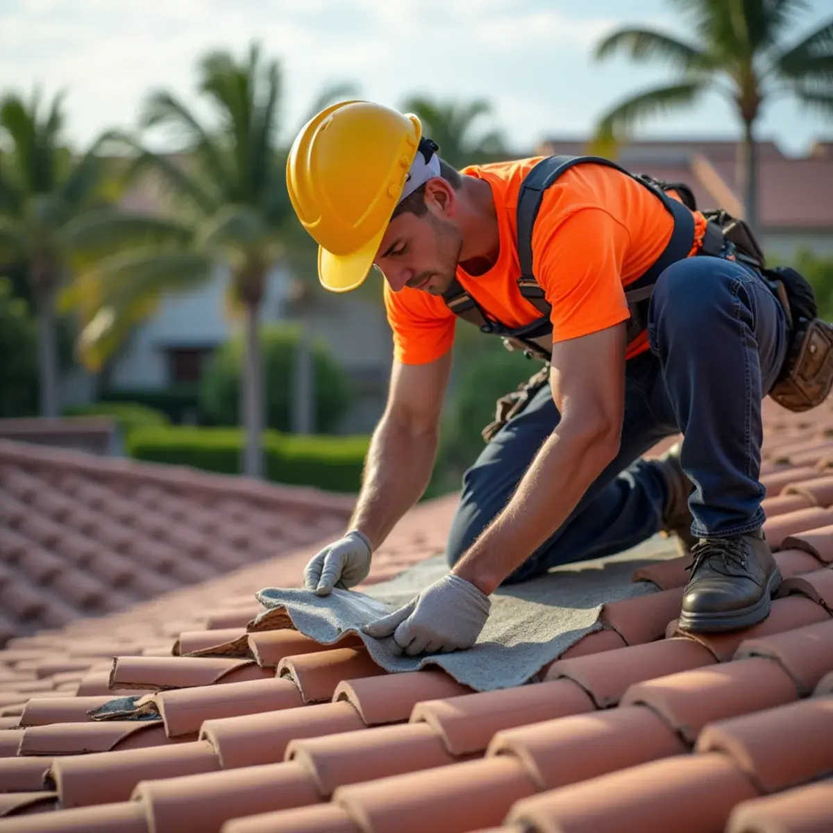 Roofer checking the underlayment on a Boca Raton concrete tile roof before recommending a repair