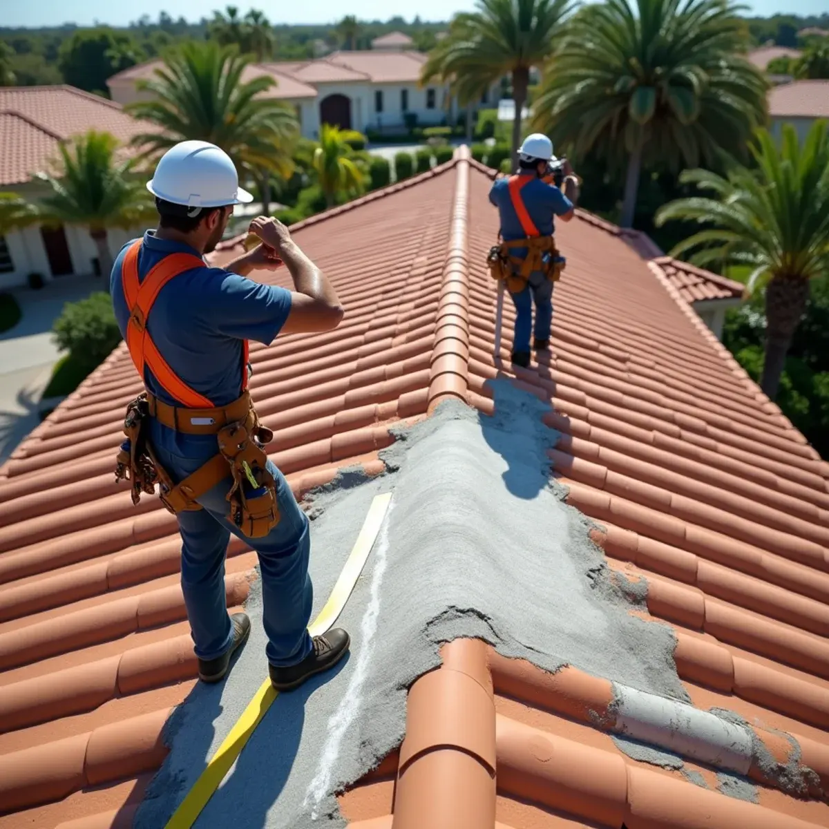 Roofers measuring and photographing a damaged section of a tile roof on a Boca Raton home