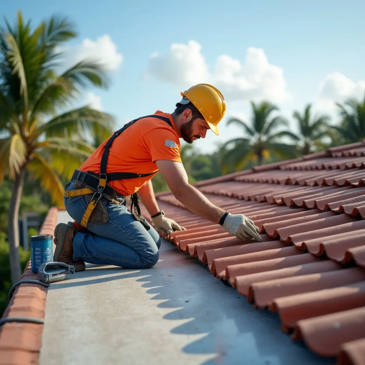 Roofer on a foam pad checking concrete S-tile and ridge mortar on a Boca Raton, FL home