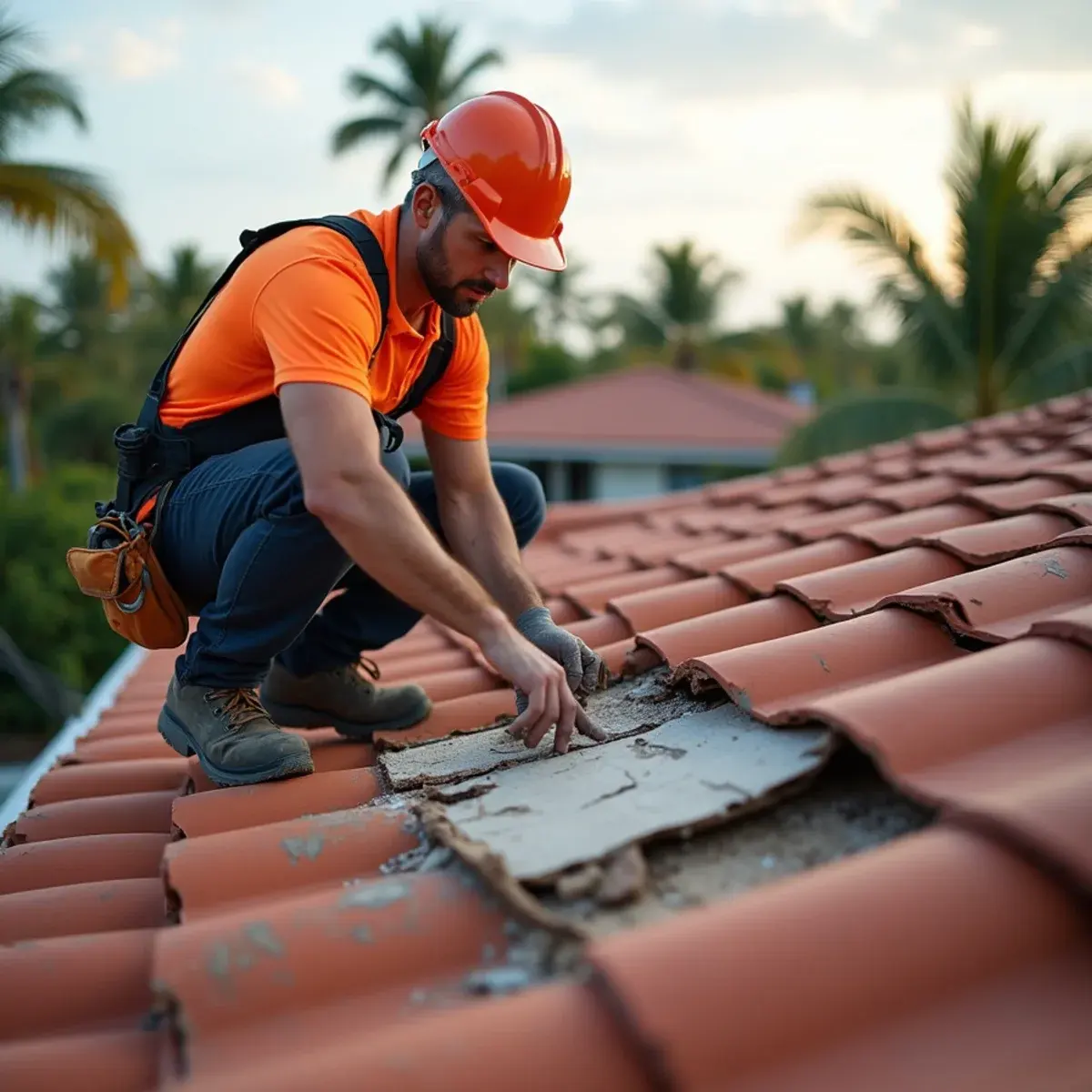 Roofer inspecting cracked concrete barrel tiles and worn underlayment on a home near Boca Raton