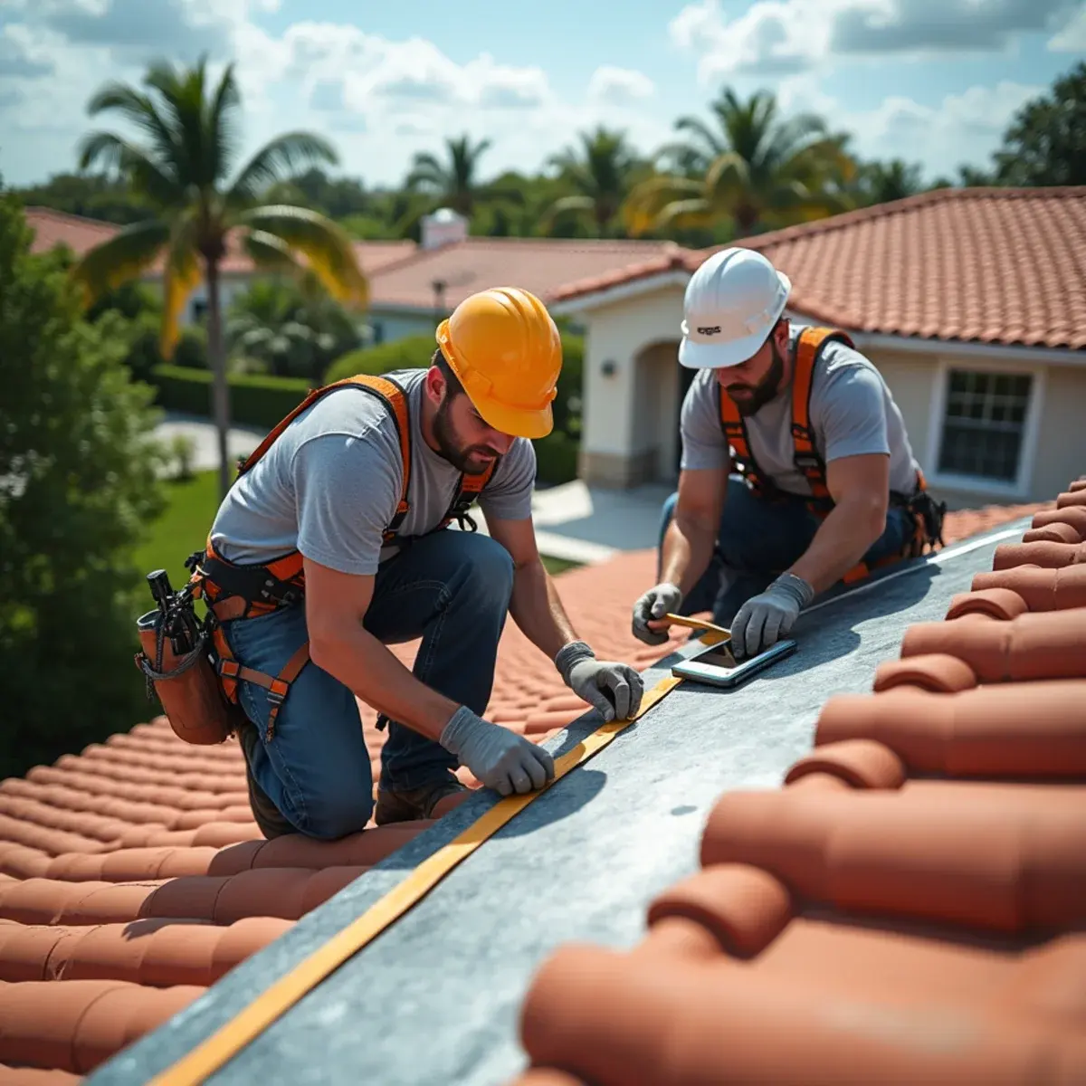 Roofers measuring a tile roof to prepare a written replacement estimate in Boca Raton, FL