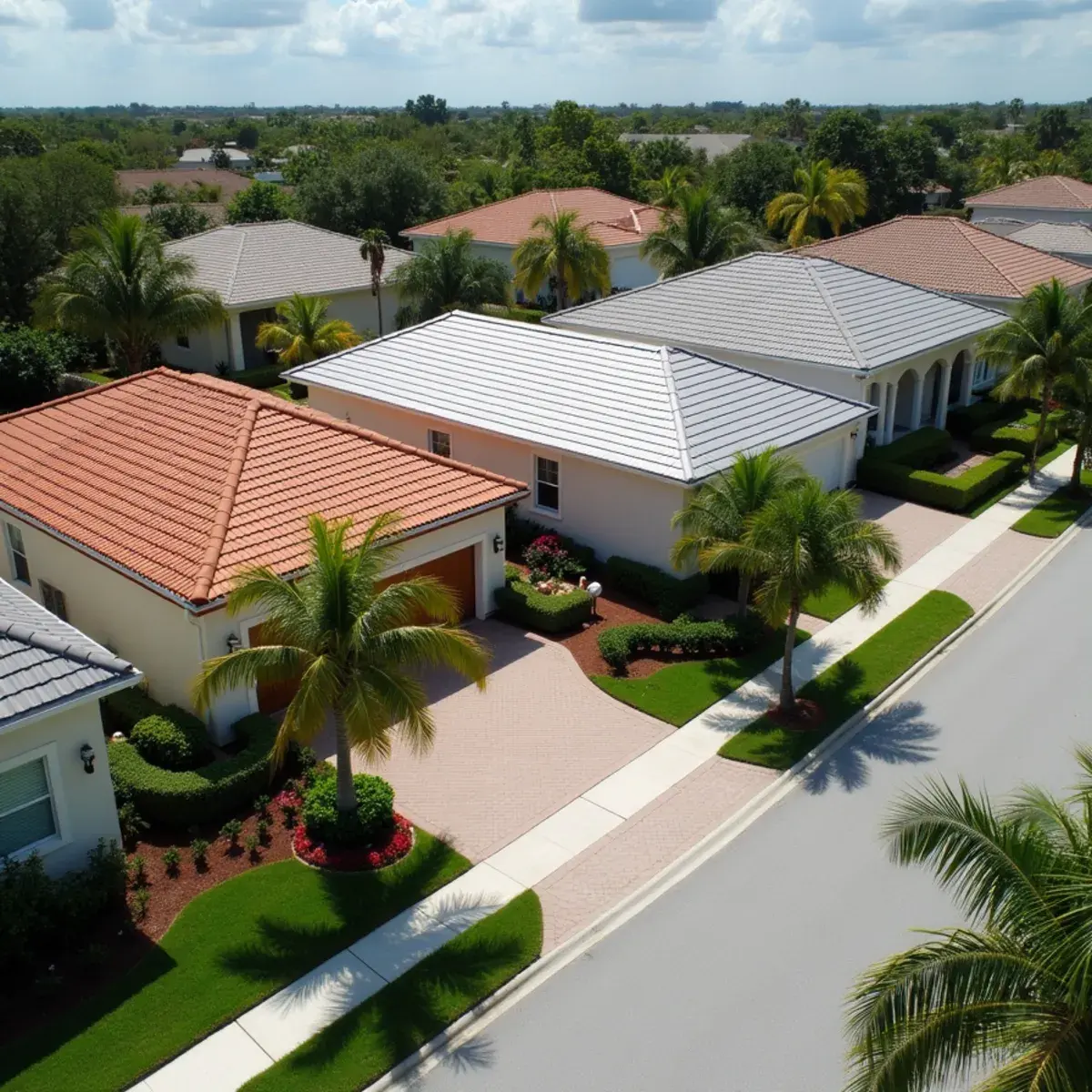 Tile roof and standing seam metal roof on neighboring homes in Boca Raton, FL