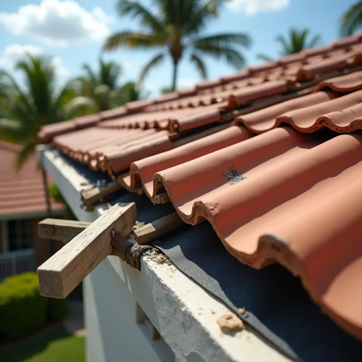 Concrete S-tile lifted to show underlayment during a tile roof inspection in Boca Raton, FL