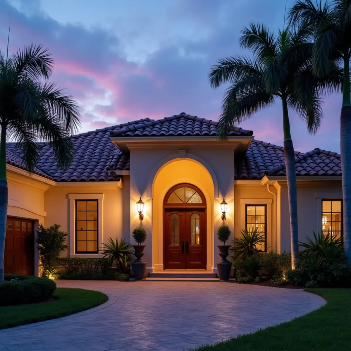 Terracotta tile roofline of a Boca Raton, FL home at dusk with palm trees
