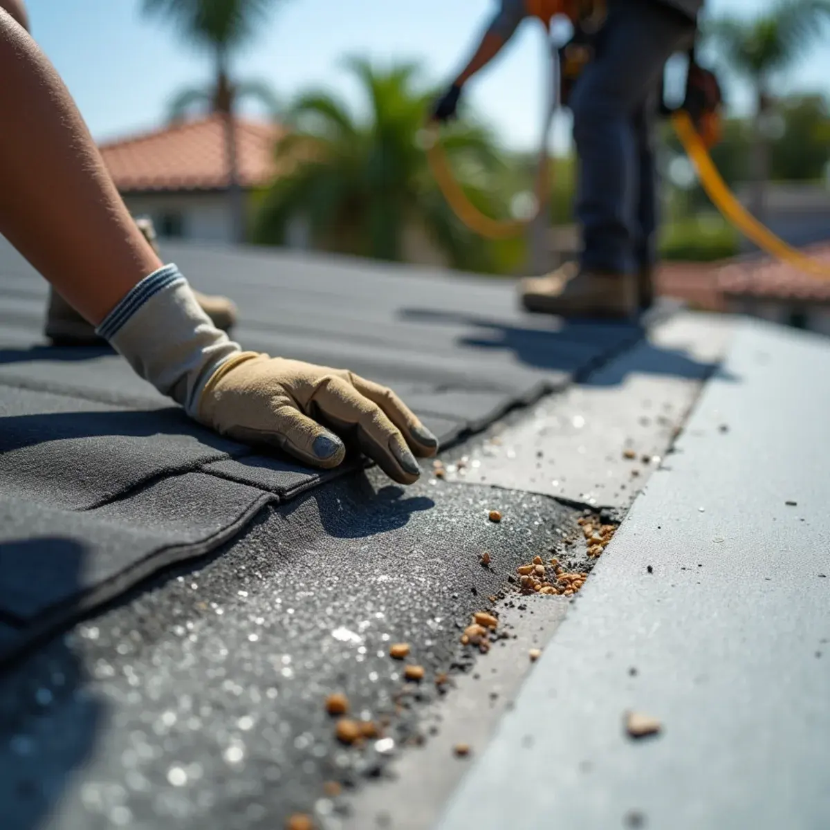 Blisters and an open seam on a flat roof membrane over a garage in Boca Raton