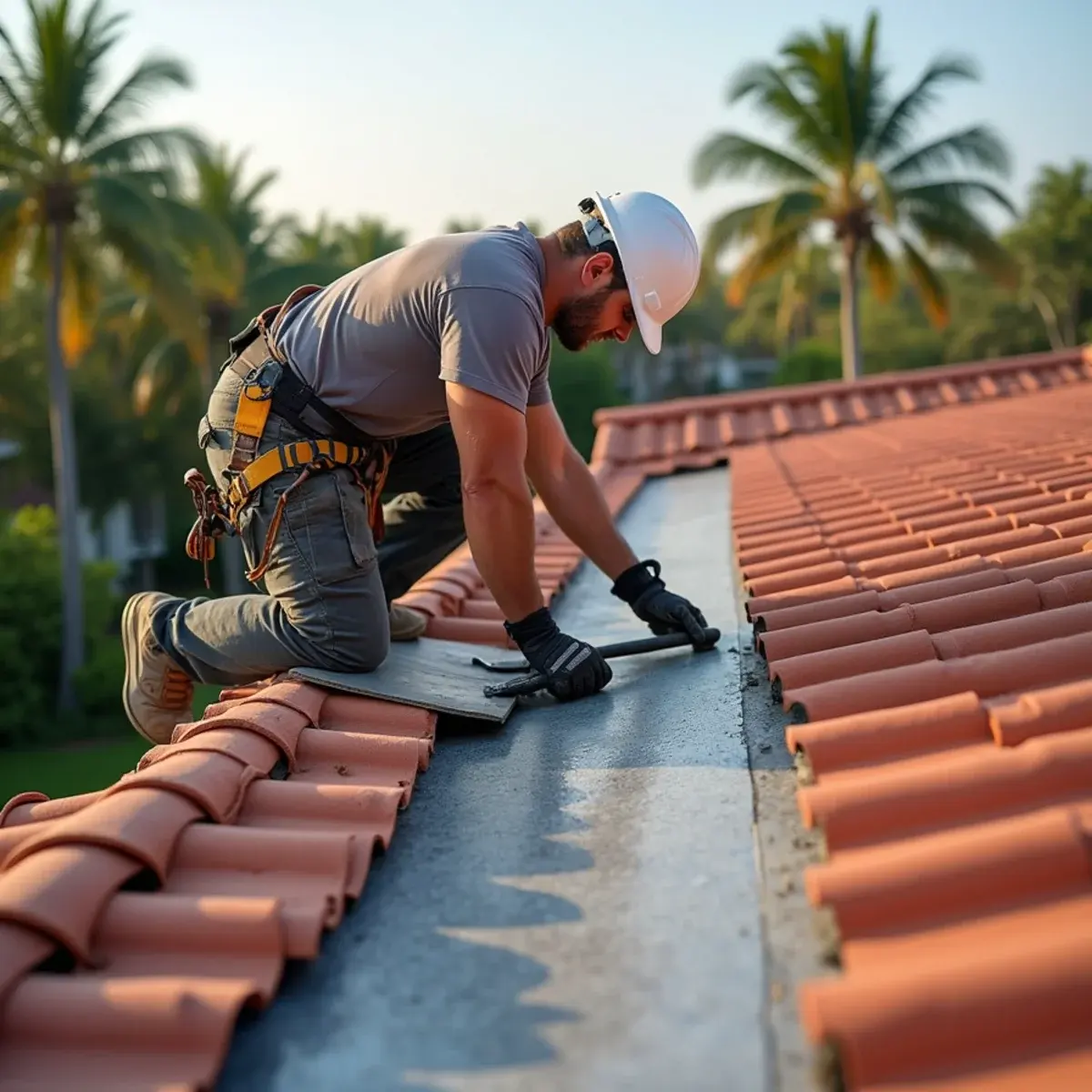 Flat roof to tile roof tie-in being rebuilt on a Boca Raton home