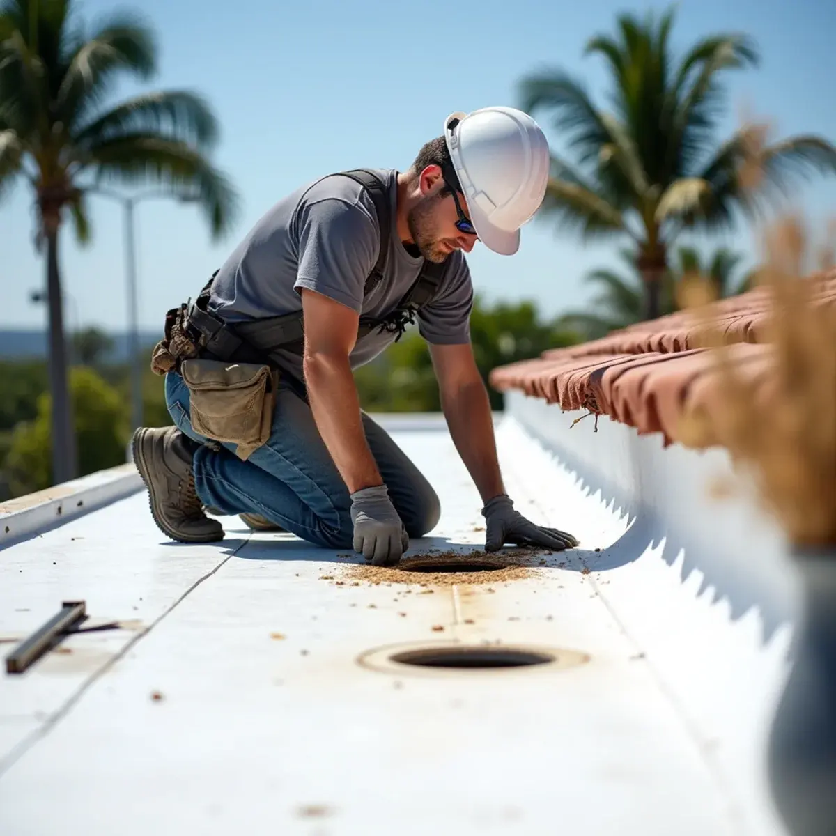 Roofer clearing a roof drain to fix ponding water on a flat roof in Boca Raton