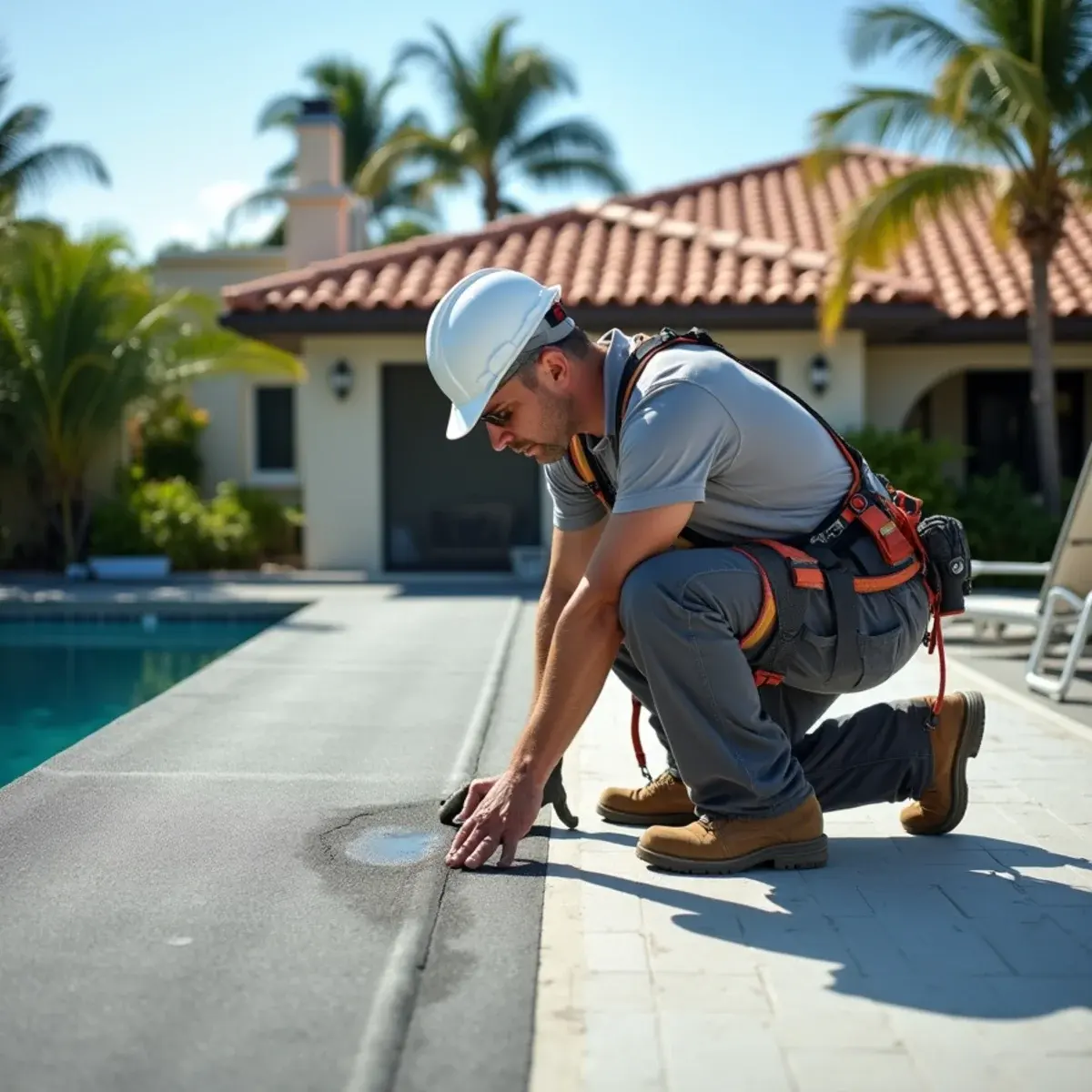 Roofer inspecting a low-slope flat roof surface at a Boca Raton, FL home with a pool