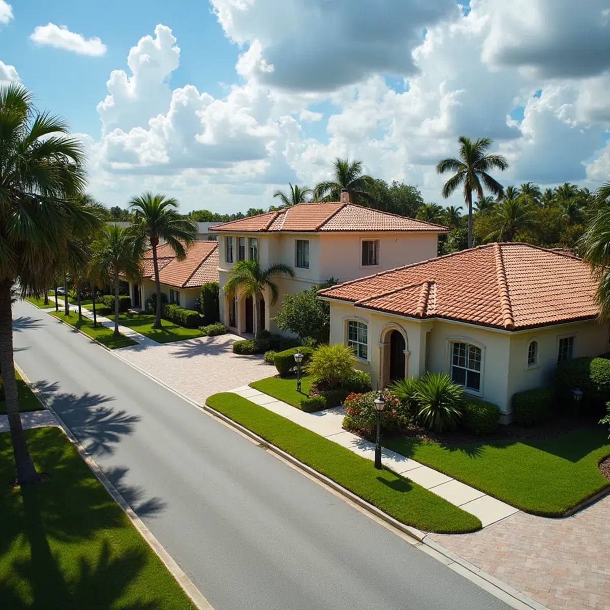 Clay barrel tile and concrete S-tile roofs on neighboring homes in a Boca Raton neighborhood