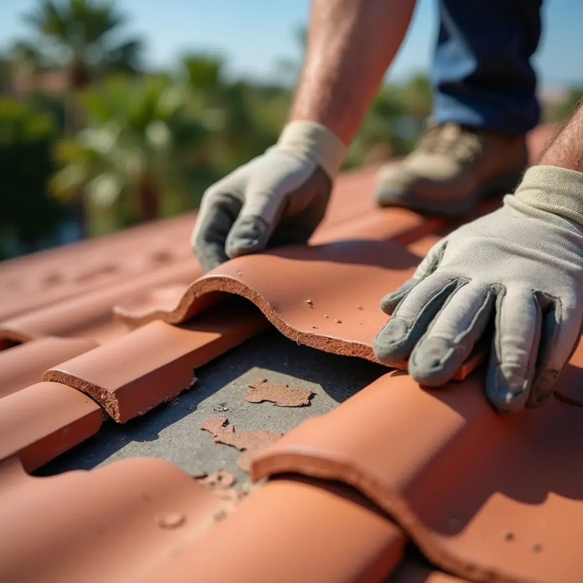 Roofer fitting a matching replacement concrete tile into a gap on a Boca Raton tile roof