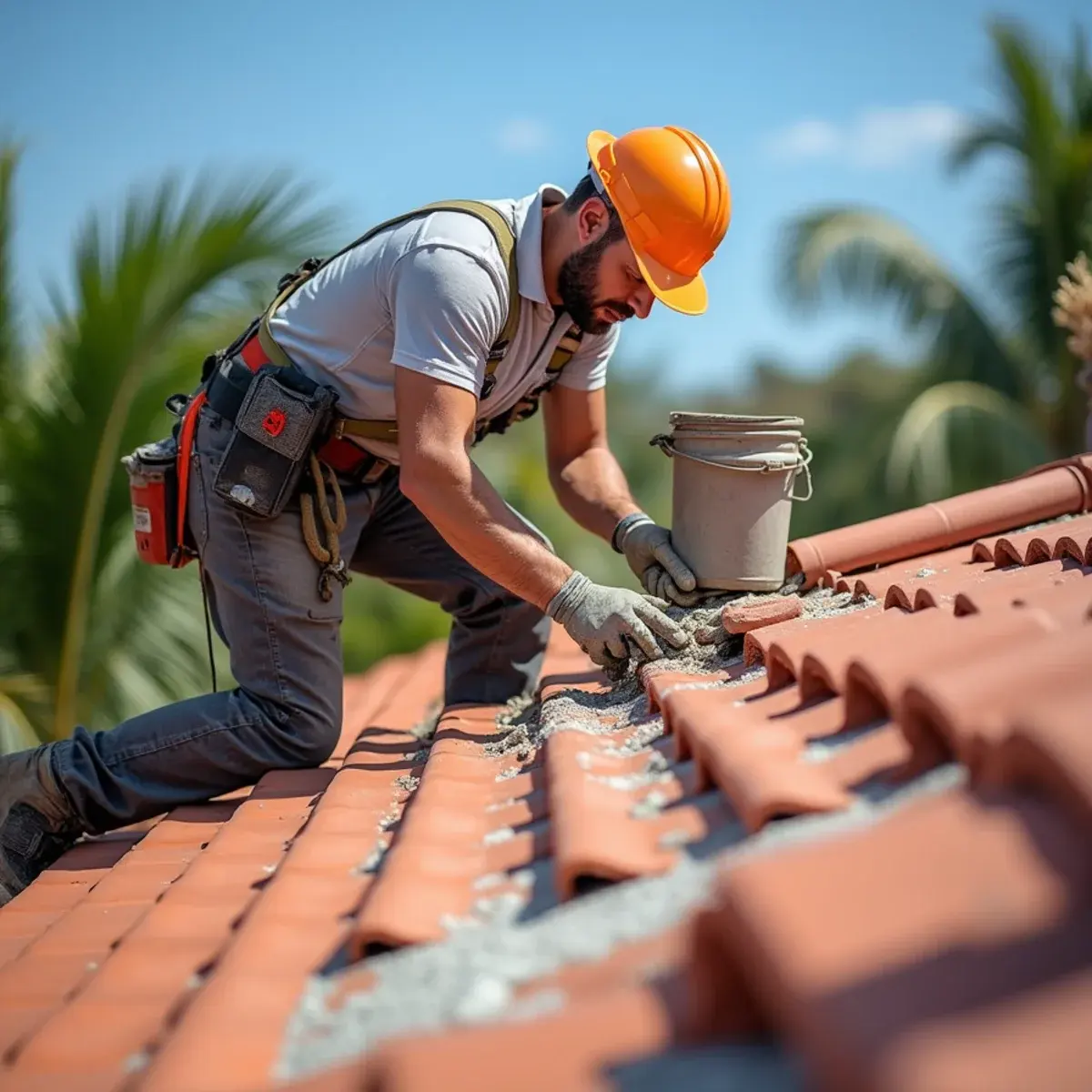 Ridge cap tiles being reset after loose mortar was removed on a Boca Raton tile roof