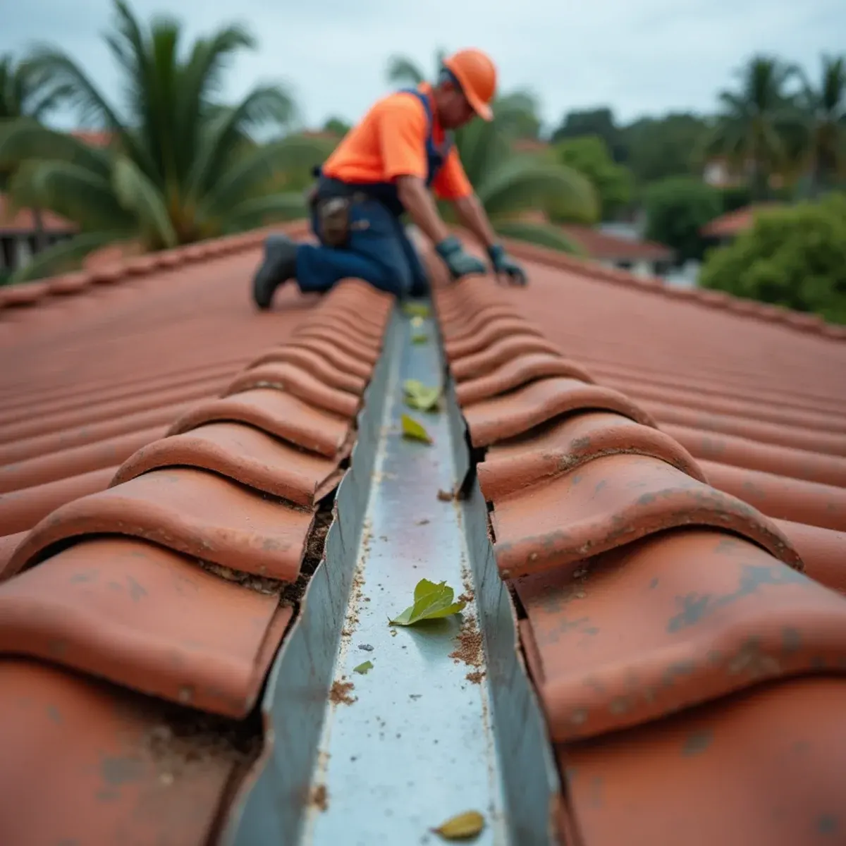 Tiles lifted along a roof valley to inspect rusted valley metal on a Boca Raton home
