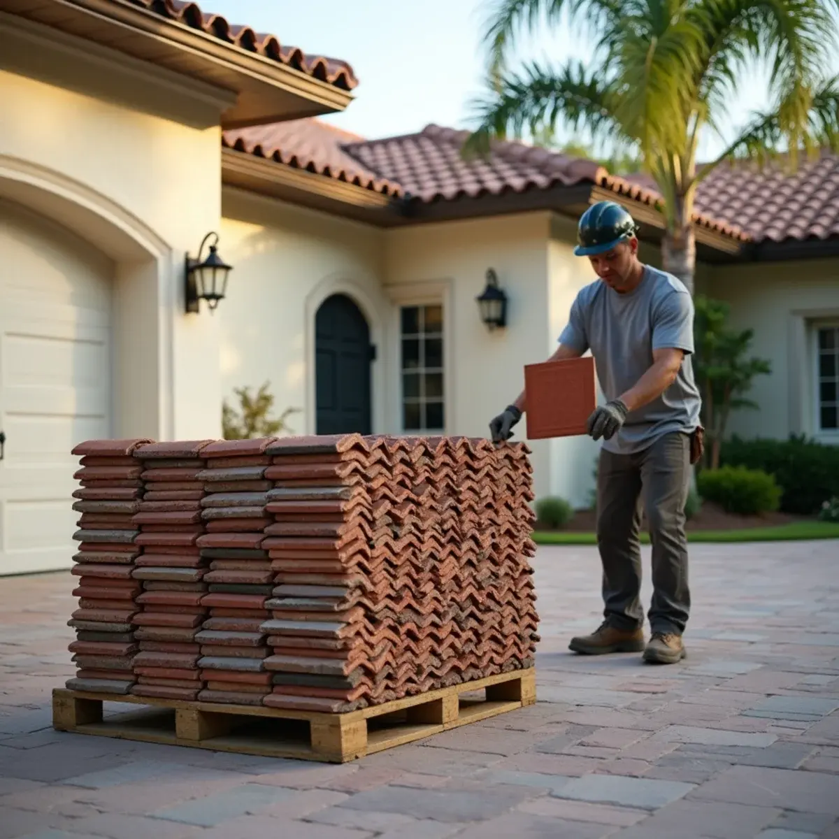 Salvaged original roof tiles sorted beside new sample tiles for an HOA color match in Boca Raton