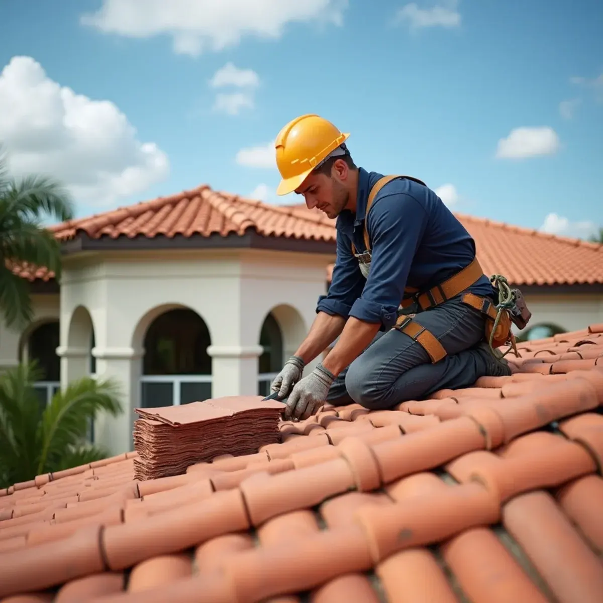 Roofer replacing a cracked concrete barrel tile on a Mediterranean-style home in Boca Raton, FL