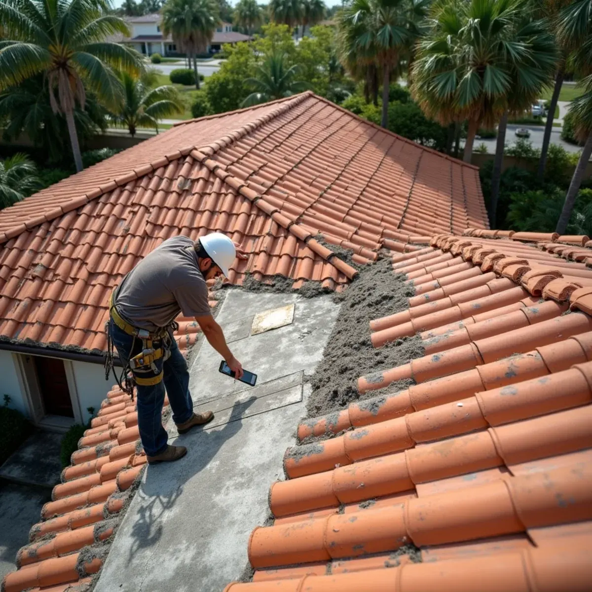 Roofer inspecting an aging concrete tile roof with a stripped, worn section on a Boca Raton home