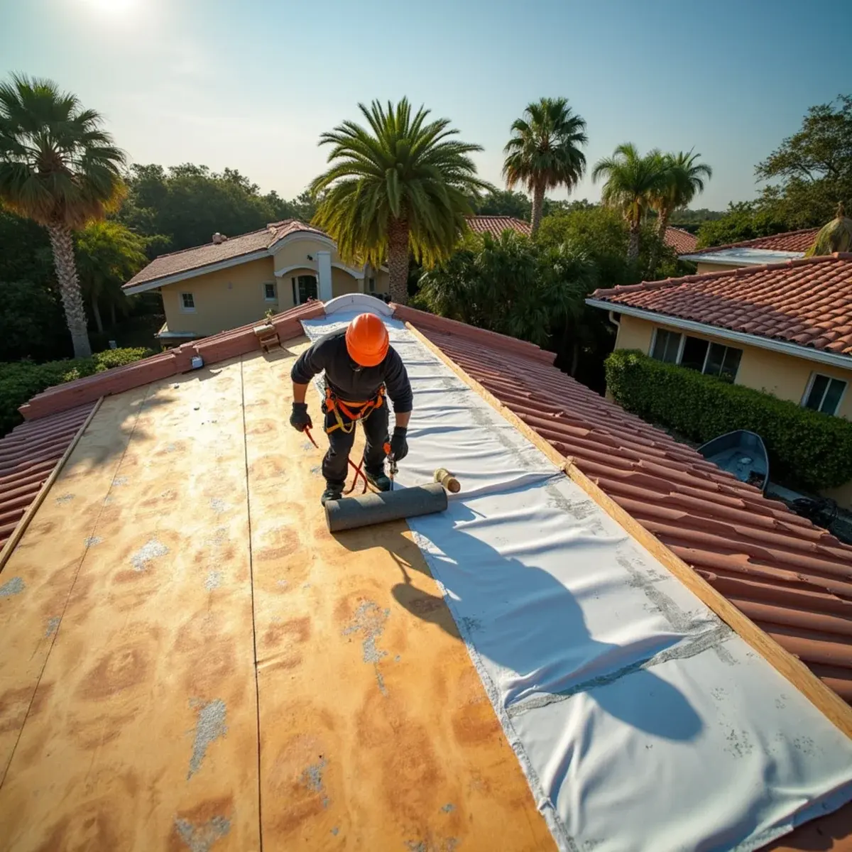 Roofer rolling new underlayment over the plywood deck during a roof replacement in Boca Raton