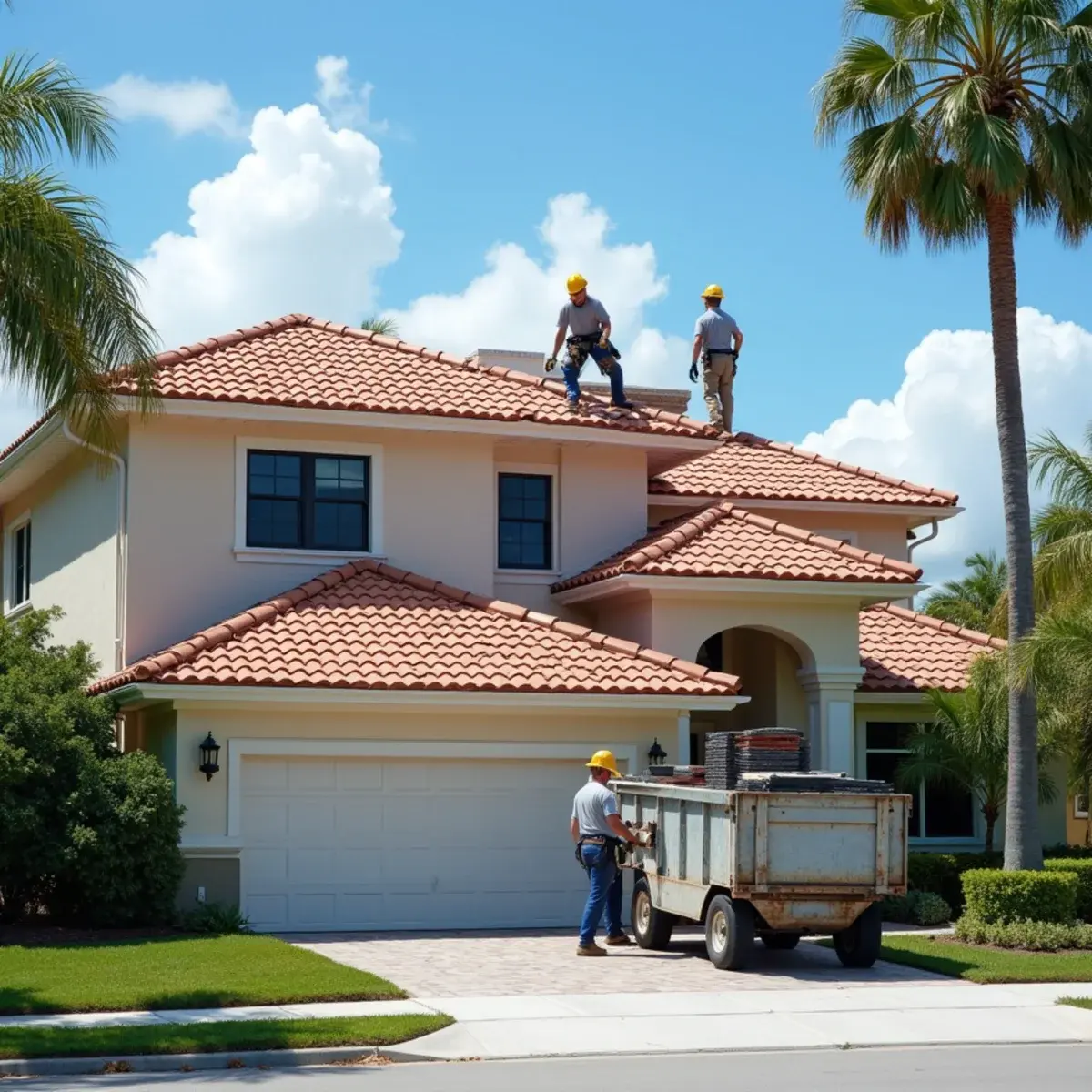 Roofers installing new concrete tile on a two-story home during a roof replacement in Boca Raton