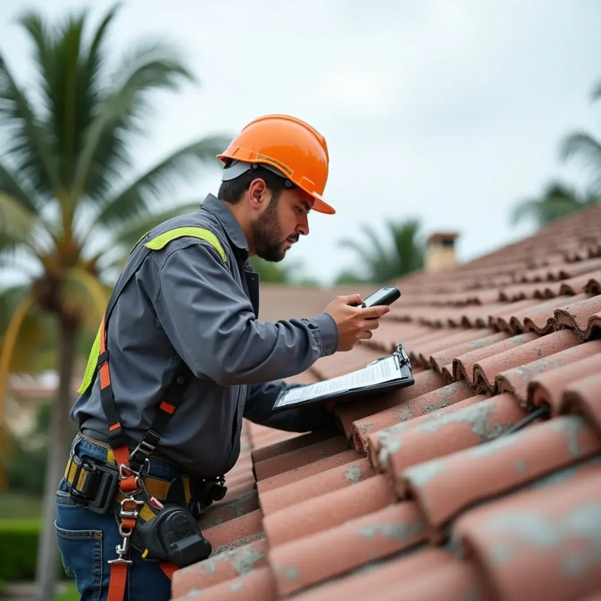 Roofer documenting an older tile roof's condition for an insurer in Boynton Beach
