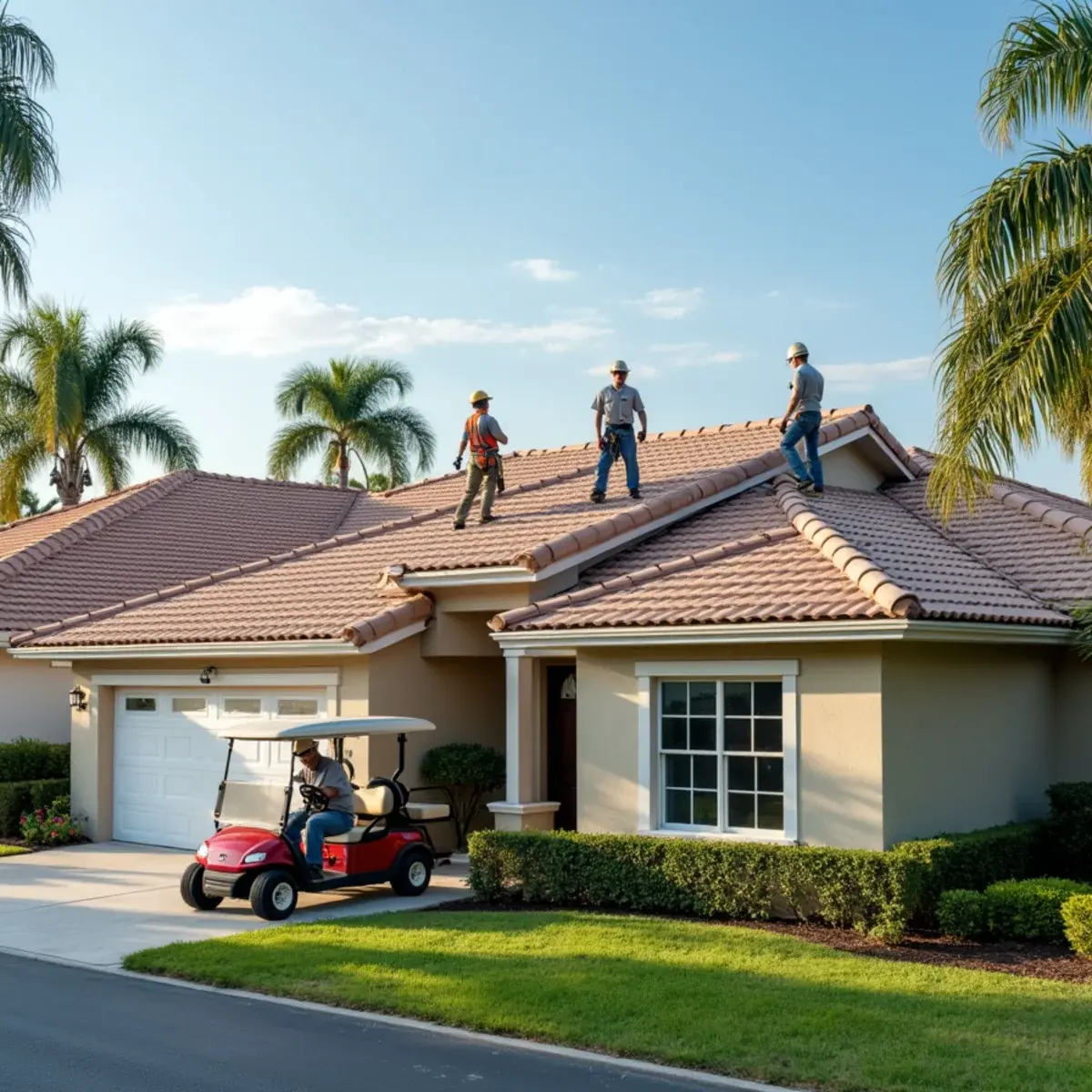 Roofers working on the tile roof of a single-story home in a Boynton Beach, FL community