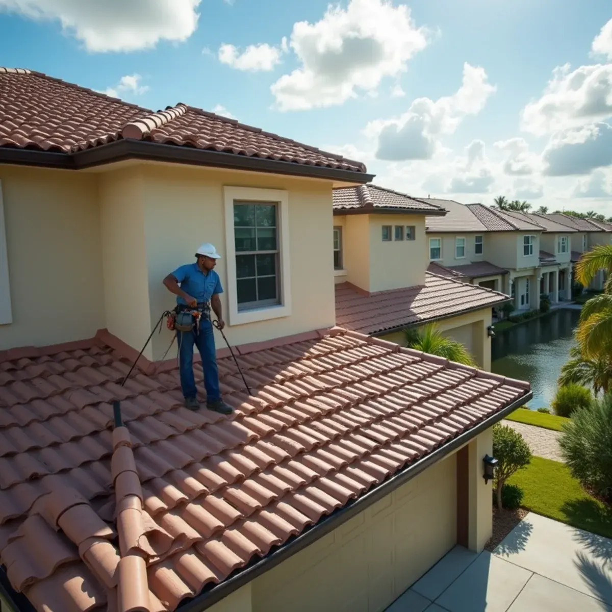 Roofer repairing a shared concrete tile roof on attached townhouses in Coconut Creek, FL