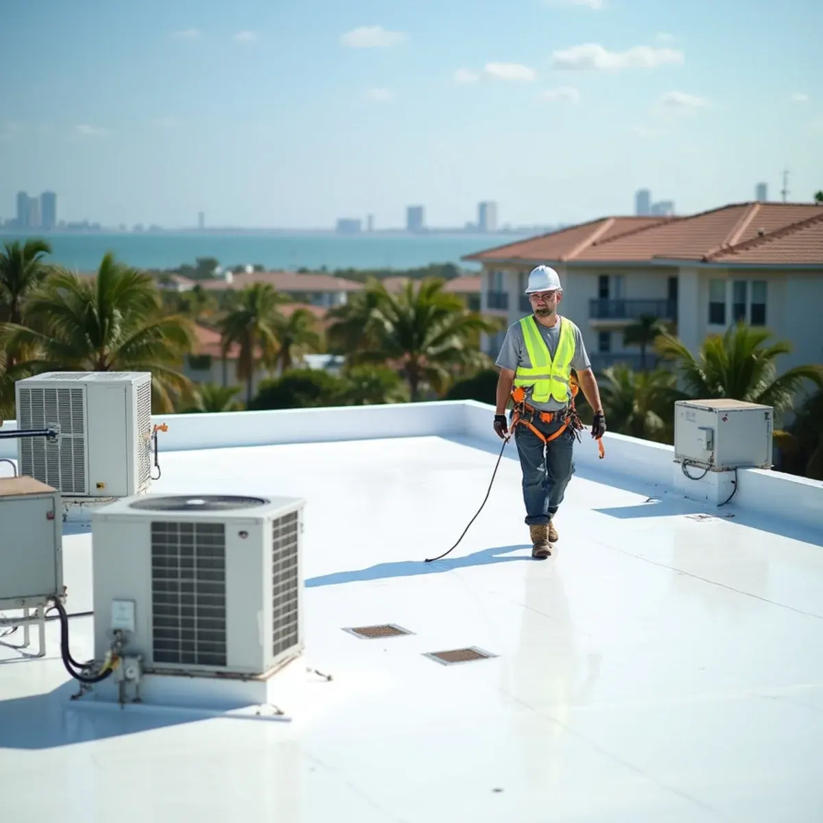 Roofer inspecting a white membrane roof on a condo building in Deerfield Beach, FL