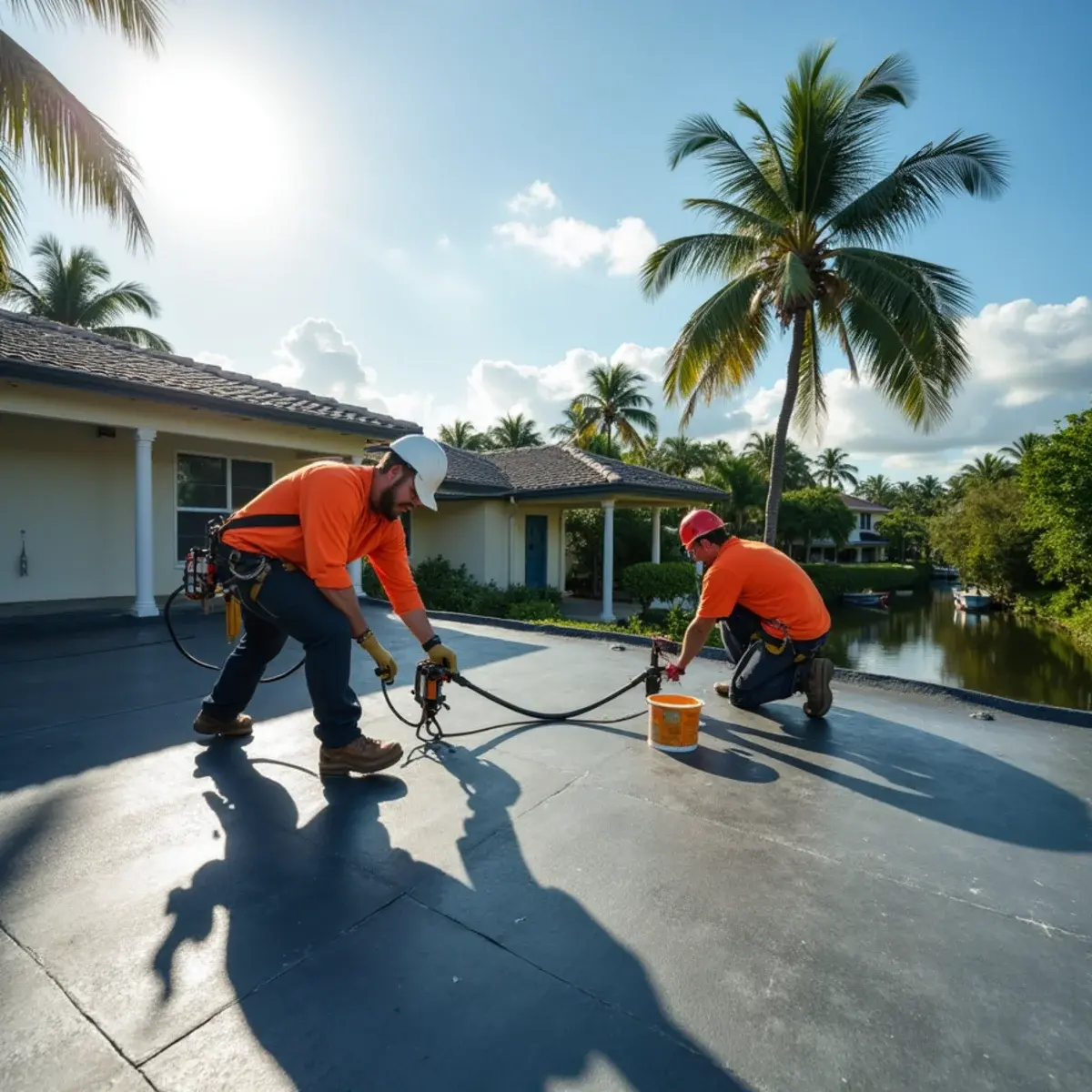 Roofers repairing a low-slope modified bitumen roof on a mid-century home in Deerfield Beach, FL