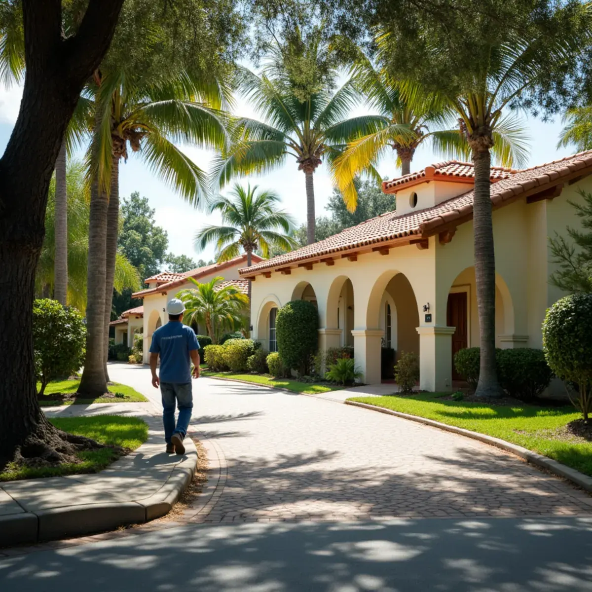 1930s Mediterranean Revival homes with clay barrel tile roofs on a Delray Beach street