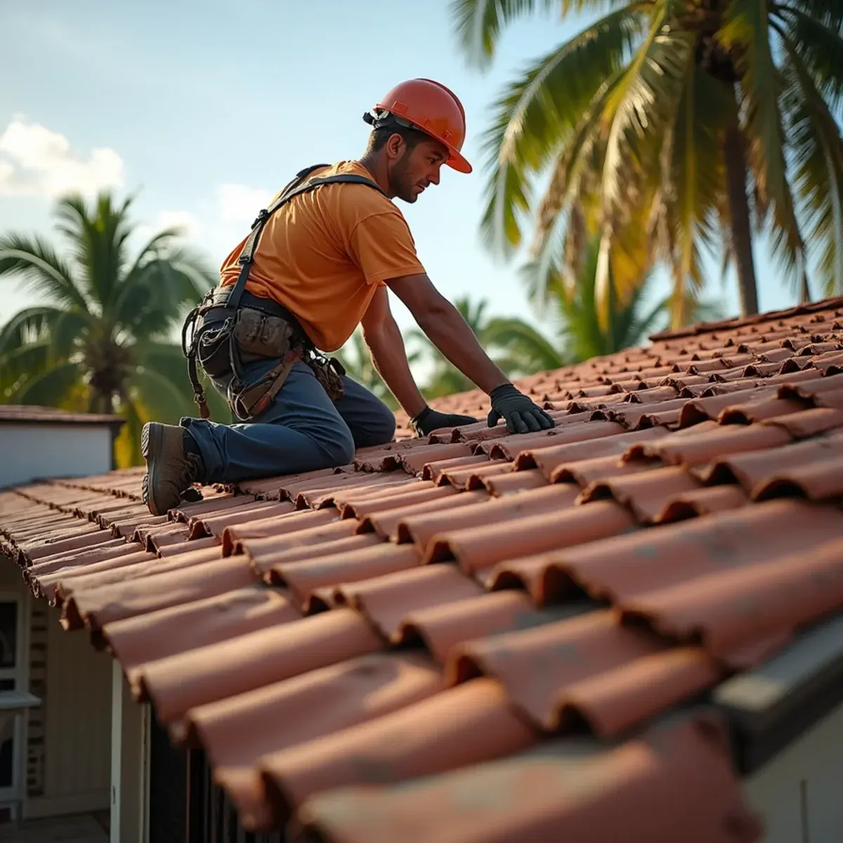 Roofer resetting weathered terracotta roof tile on a home in Delray Beach, FL