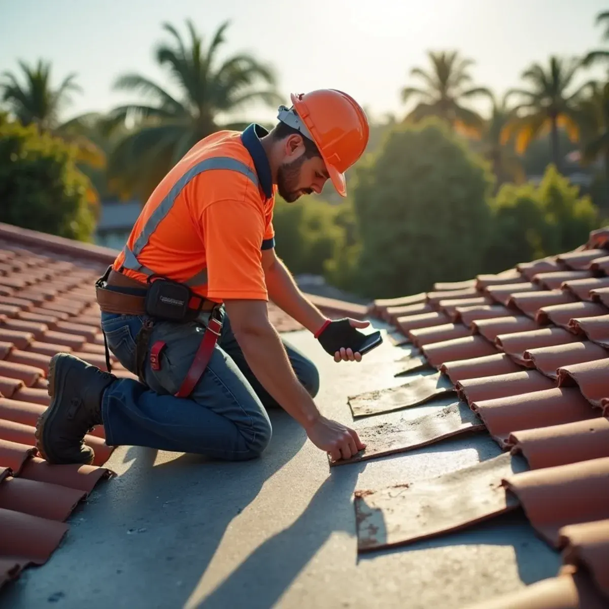 Roofer lifting concrete tiles to check 20-year-old underlayment on a Parkland home