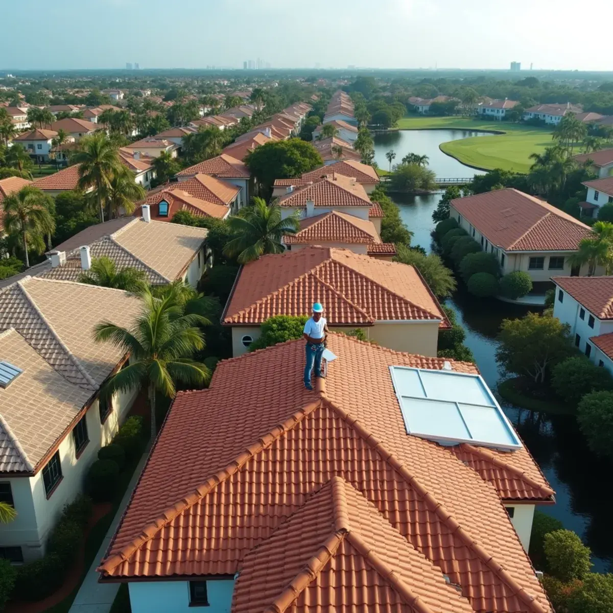 Aerial view of tile-roofed neighborhoods between Boca Raton and Delray Beach, FL