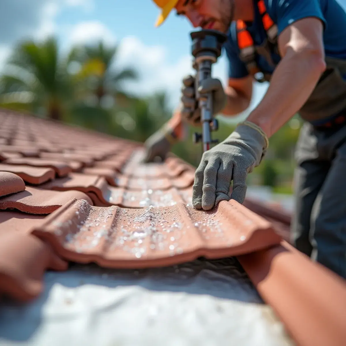 Roof tile foam adhesive being applied over new underlayment on a Boca Raton tile roof