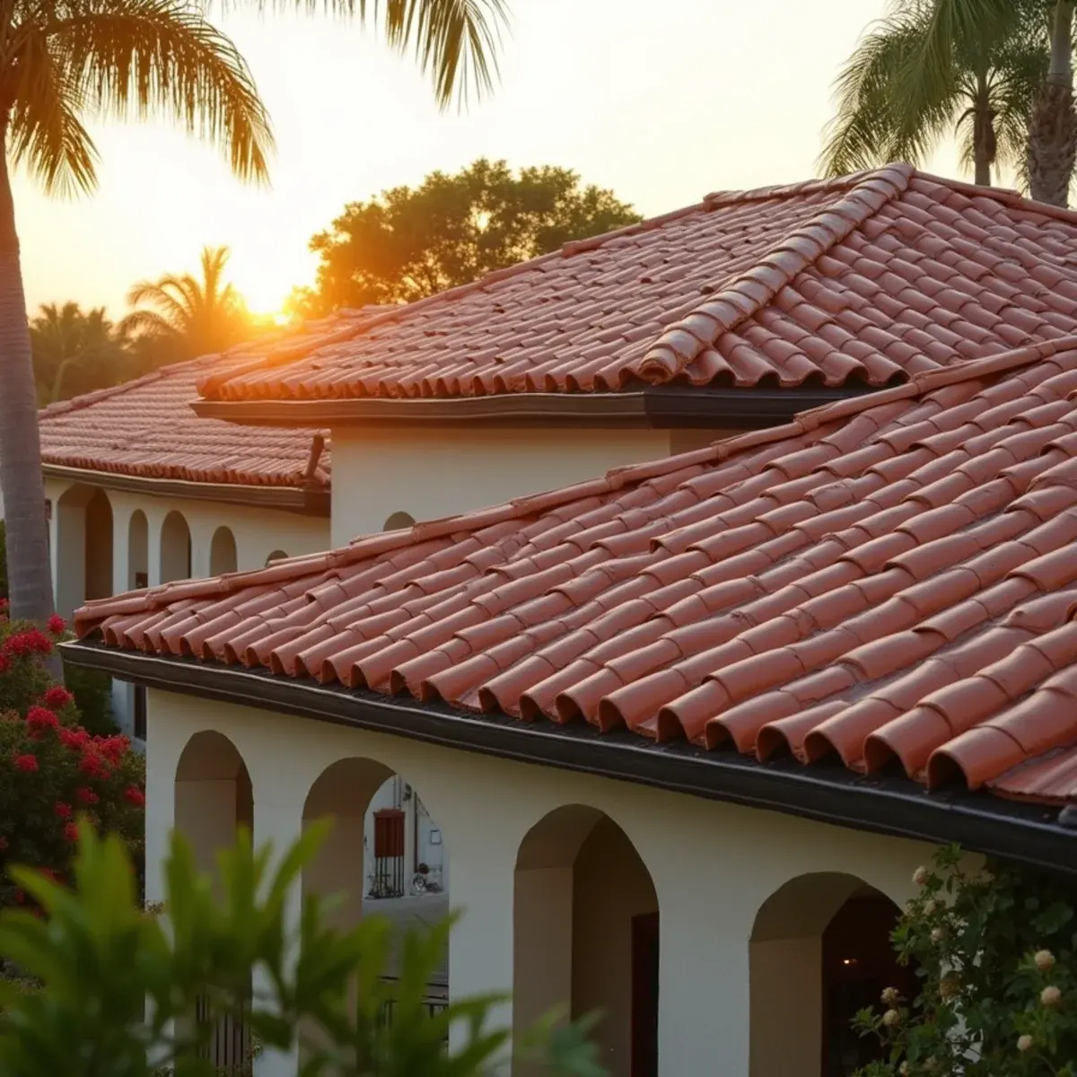 Finished terracotta tile roof on a Mediterranean Revival home in Boca Raton, FL