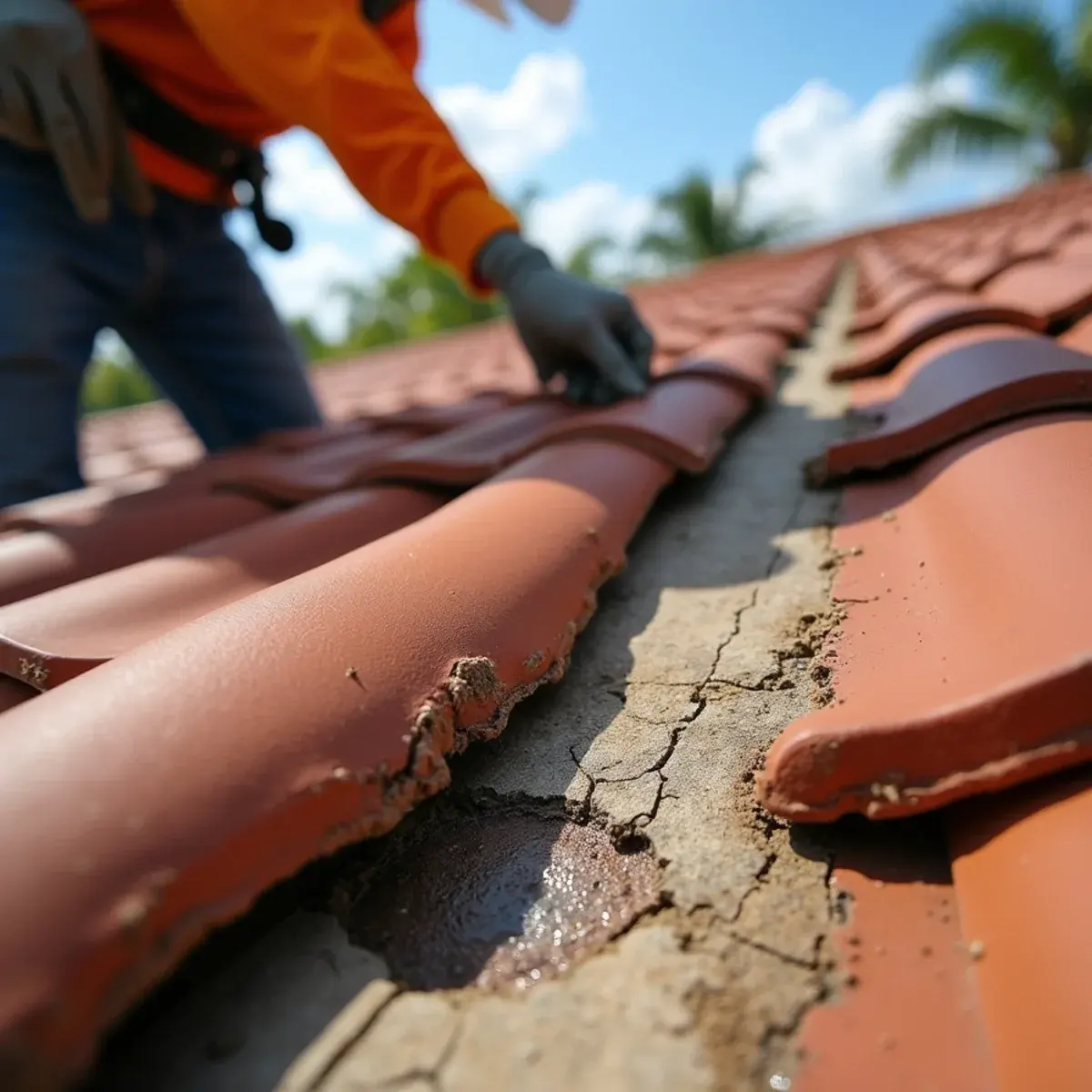 Brittle, cracked tile roof underlayment exposed under lifted tiles on a Boca Raton home