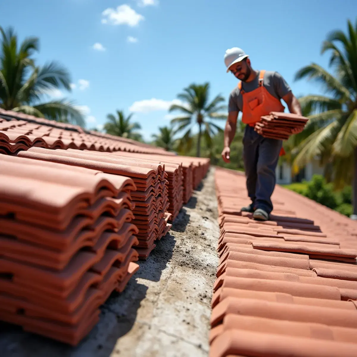 Original concrete roof tiles stacked on the roof for reuse during a lift and relay in Boca Raton